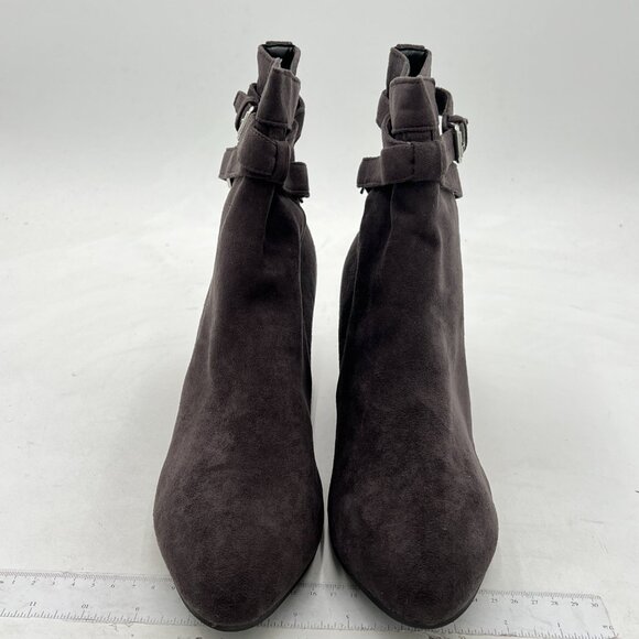 Dark Brown Block Low Heel Suede Cowgirl Boot Pull on Ankle Boot with Buckle - Picture 2 of 6